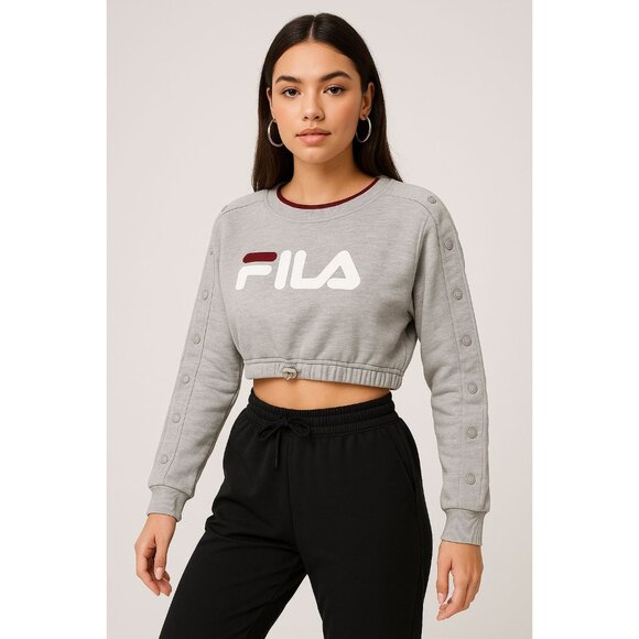 Fila Grey Y2K Sporty Cropped Crewneck Sweatshirt Snap Sleeve Logo Pullover (M) - Picture 1 of 7